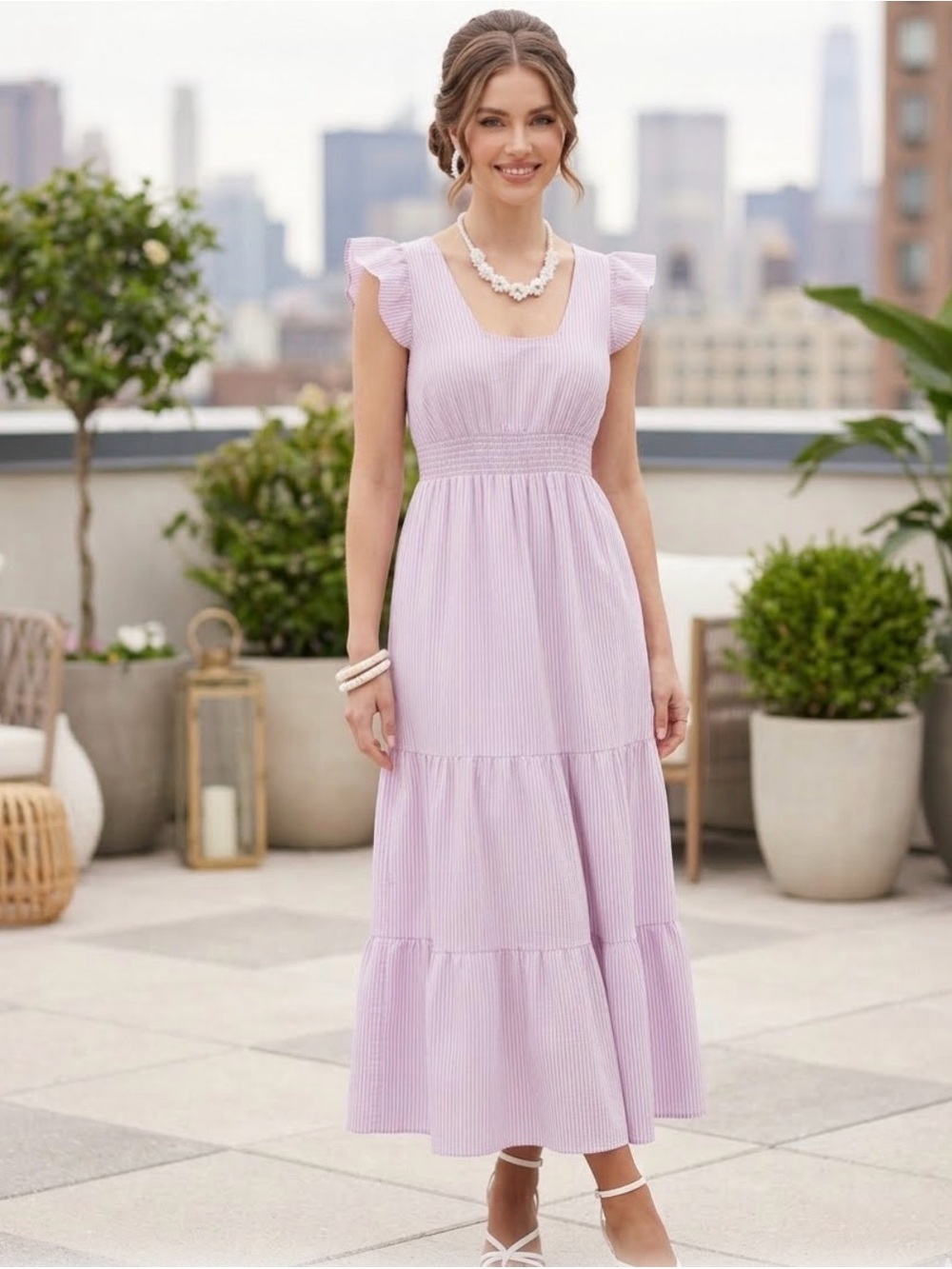 Nordstrom Lavender Ruggle sleeve Smocked Tiered Midi Dress New